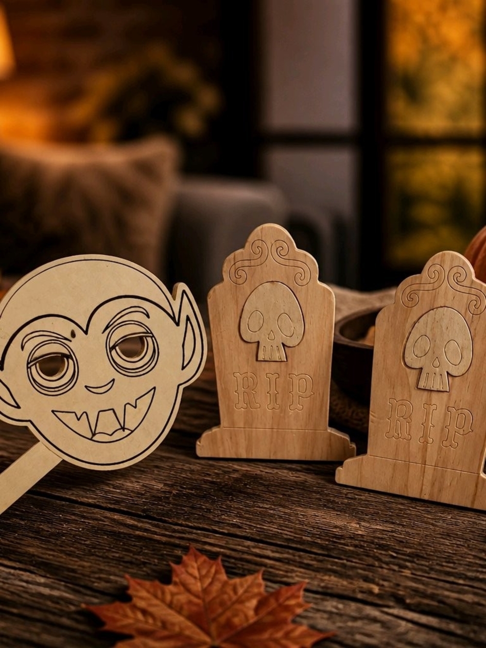 Halloween Wooden Vampire and Tombstone Table Decorations - Natural Wood
